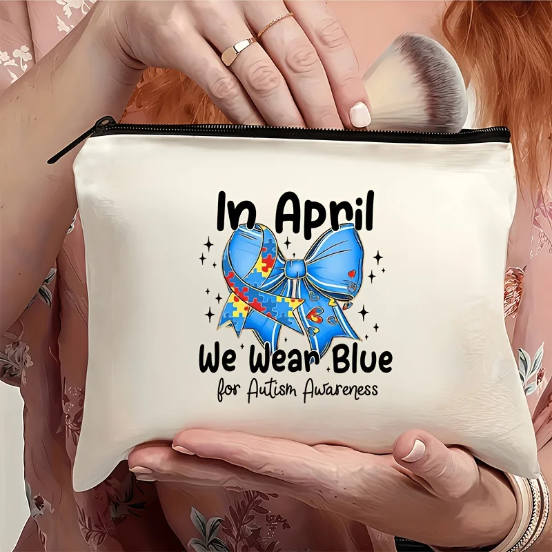 Sac de maquillage unisexe à grande capacité avec imprimé ruban bleu « En avril, nous portons du bleu » pour la sensibilisation à l'autisme, sac tendance à thème caritatif