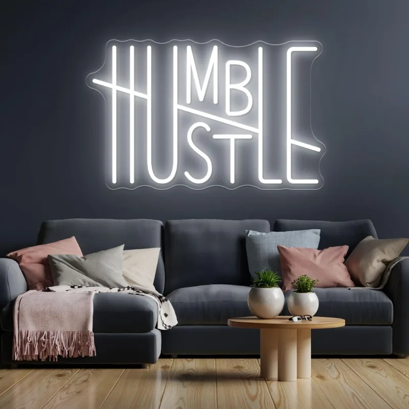 HUSTLE Neon Sign Words USB Powered Led Room Decor for Boys Man Cave Gym Room Dimmable Bedroom (HUSTLE-White) 5V USB