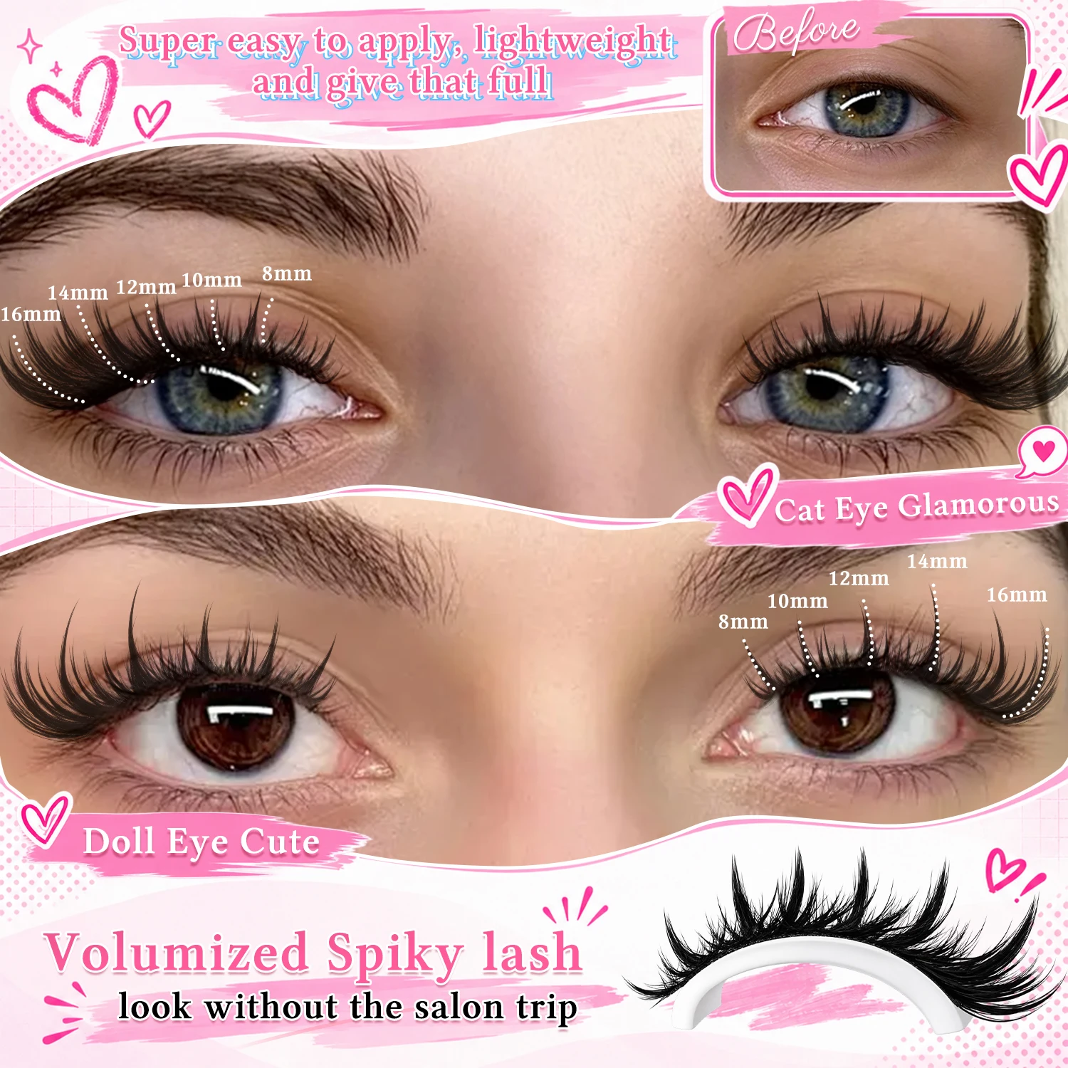 Manga Wispy Lash Clusters Kit D Curl 8-16mm Mixed Length DIY Individual Eyelash Extensions with Bond & Seal Tweezers Reusable