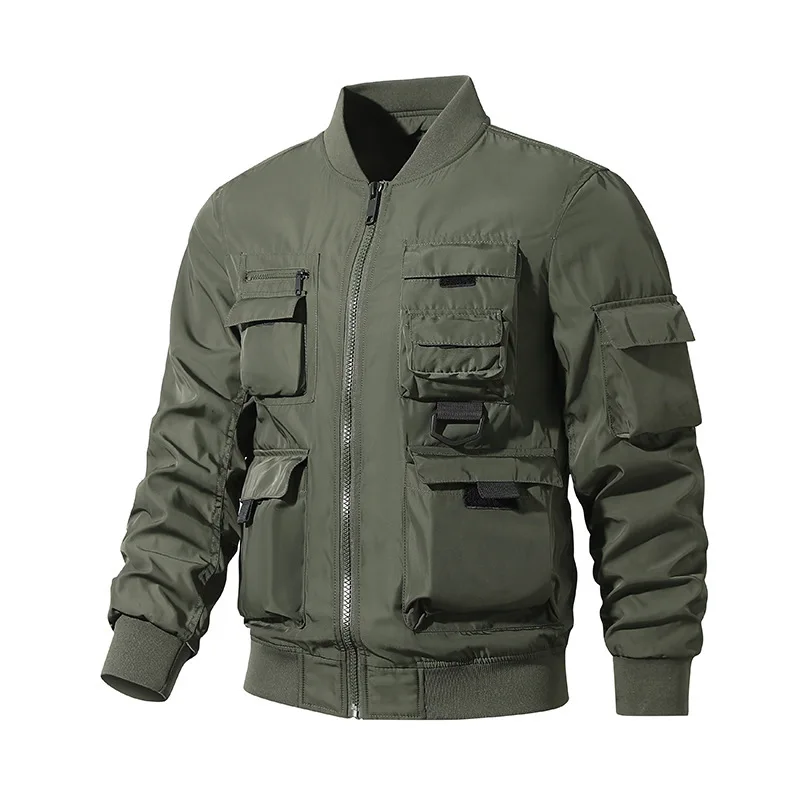 Spring Autumn Multi-Pocket Moto Cargo Jacket Men's Outdoor Baseball Collar Flight Outerwear