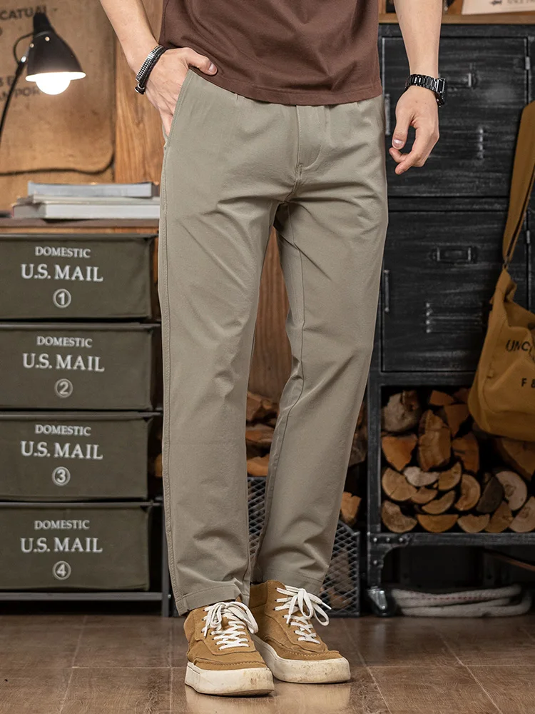 

Khaki Slim Fit Elastic Men's Casual Pants Spring Summer Thin American Retro Straight Comfortable Versatile Long Trousers