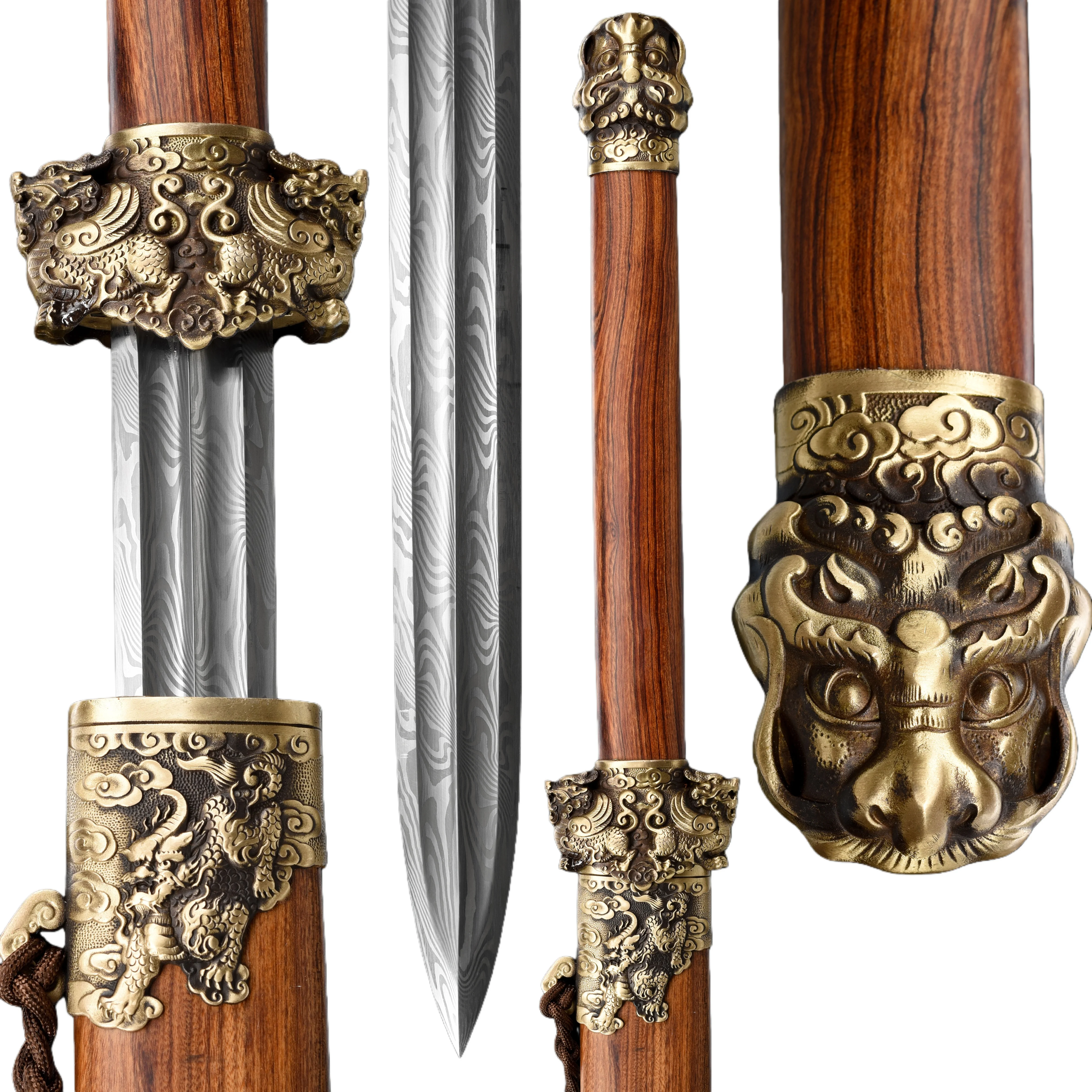 115cm Genuine Chinese feng shui Qilin Warrior Sword katana,redwood sheath,unique gift for men Full Tang folding Damascus steel
