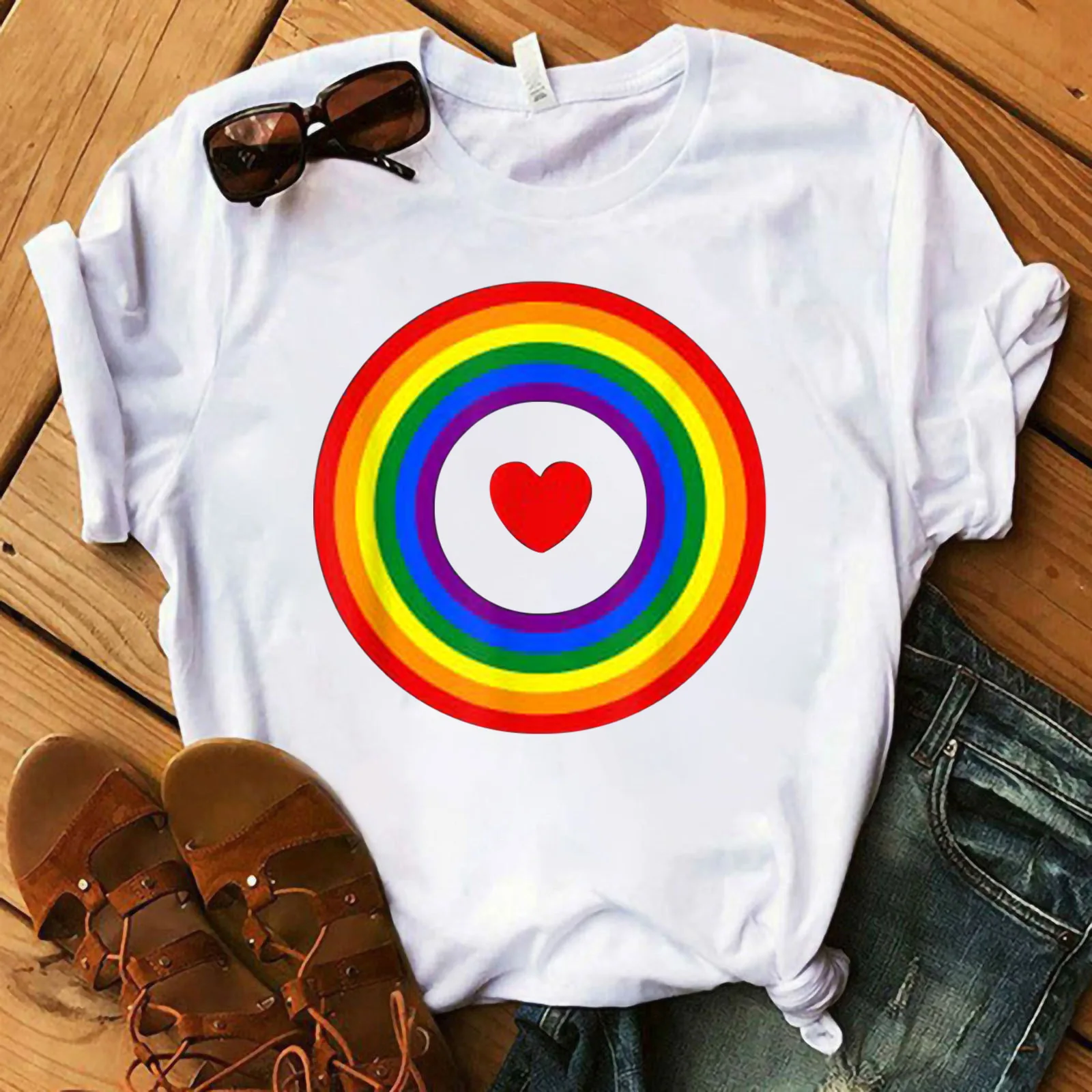 Rainbow Ring Target Heart Print Women T Shirt Short Sleeve O Neck Loose Women Tshirt Ladies Tee Shirt Tops Camisetas Mujer