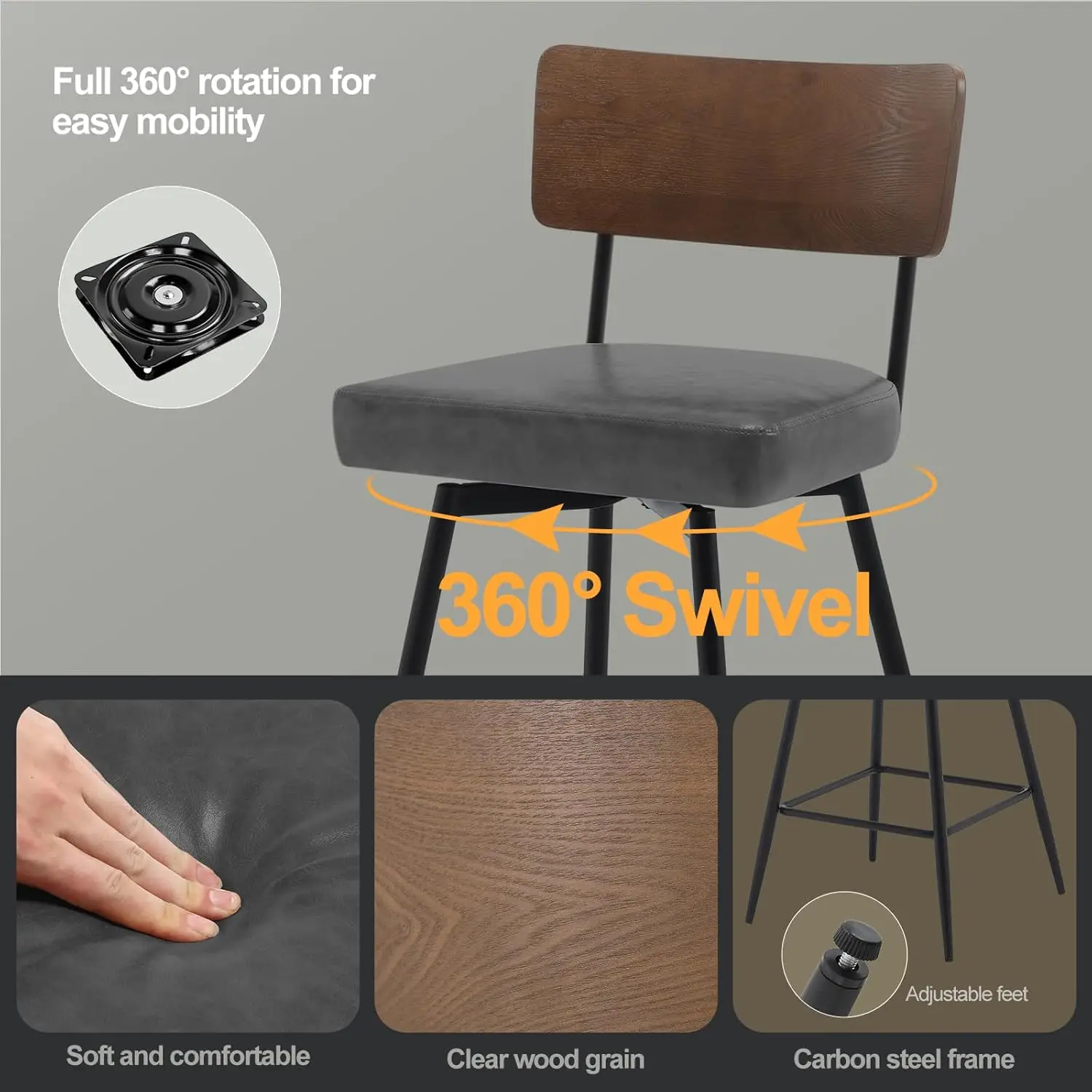 Contra Altura giratória Bar Stools Set, estofados do falso couro Barstools, Costas de madeira e pernas metálicas, 26 na altura do assento