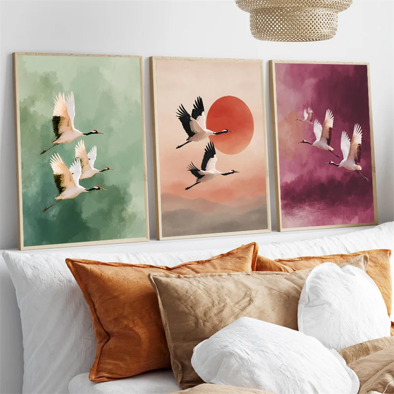 

Vintage Crane Flying Birds Flower Sun Art Posters Japanese Style Canvas Painting Wall Prints Pictures Room Home Decoration