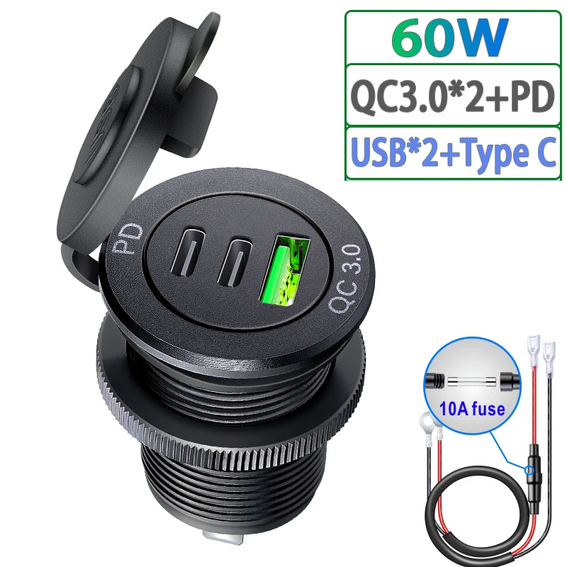 Usb sockets 12v outdoor caravan QC 3.0 USB & PD Type-C Triple Socket 12-24V Car Charger Waterproof for Car Boat Marine RV