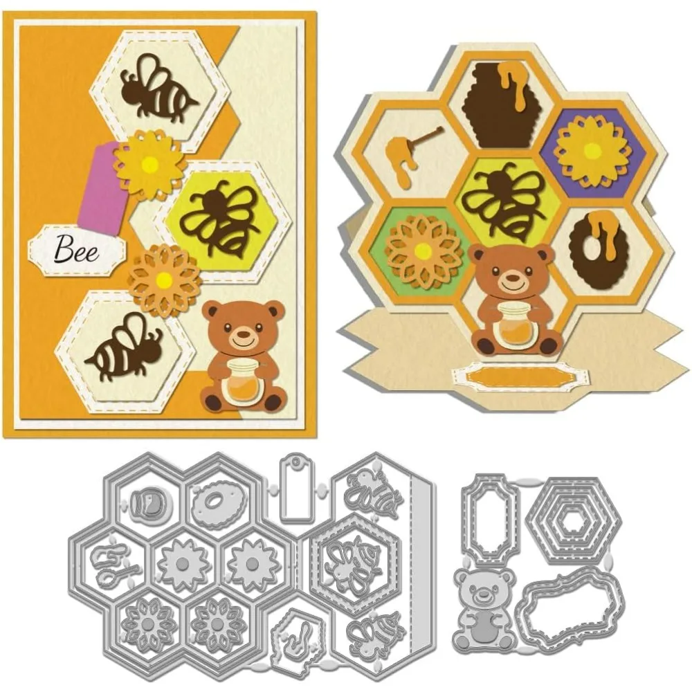 2 Stück Bee Hive Rahmen-Stanzformen, Schnittschablonen, Honigbiene, Wabenmuster, Metall-Stanzformen für die Kartenherstellung, Wabenblume
