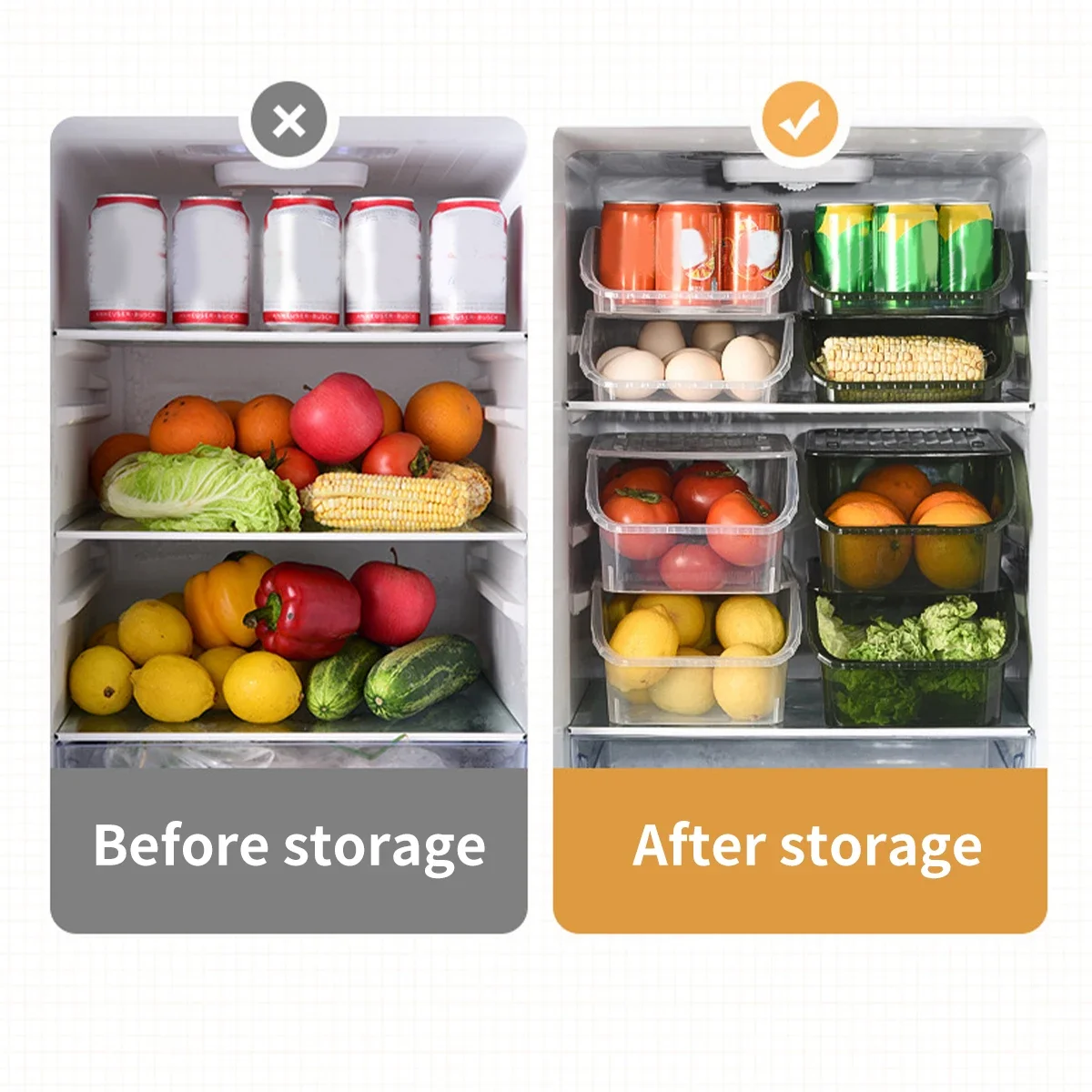 WORTHBUY Refrigerator Storage Box Stackable Storage Bins Kitchen Transparent Crisper Multifunctional Organizer Box With Lid