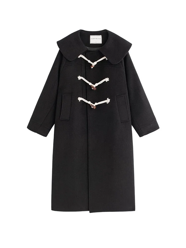 Elegant Woolen Toggle Coat Women Winter Long Overcoat with Lapel Korean Style Black Duffle Jacket for School Work Casual Look