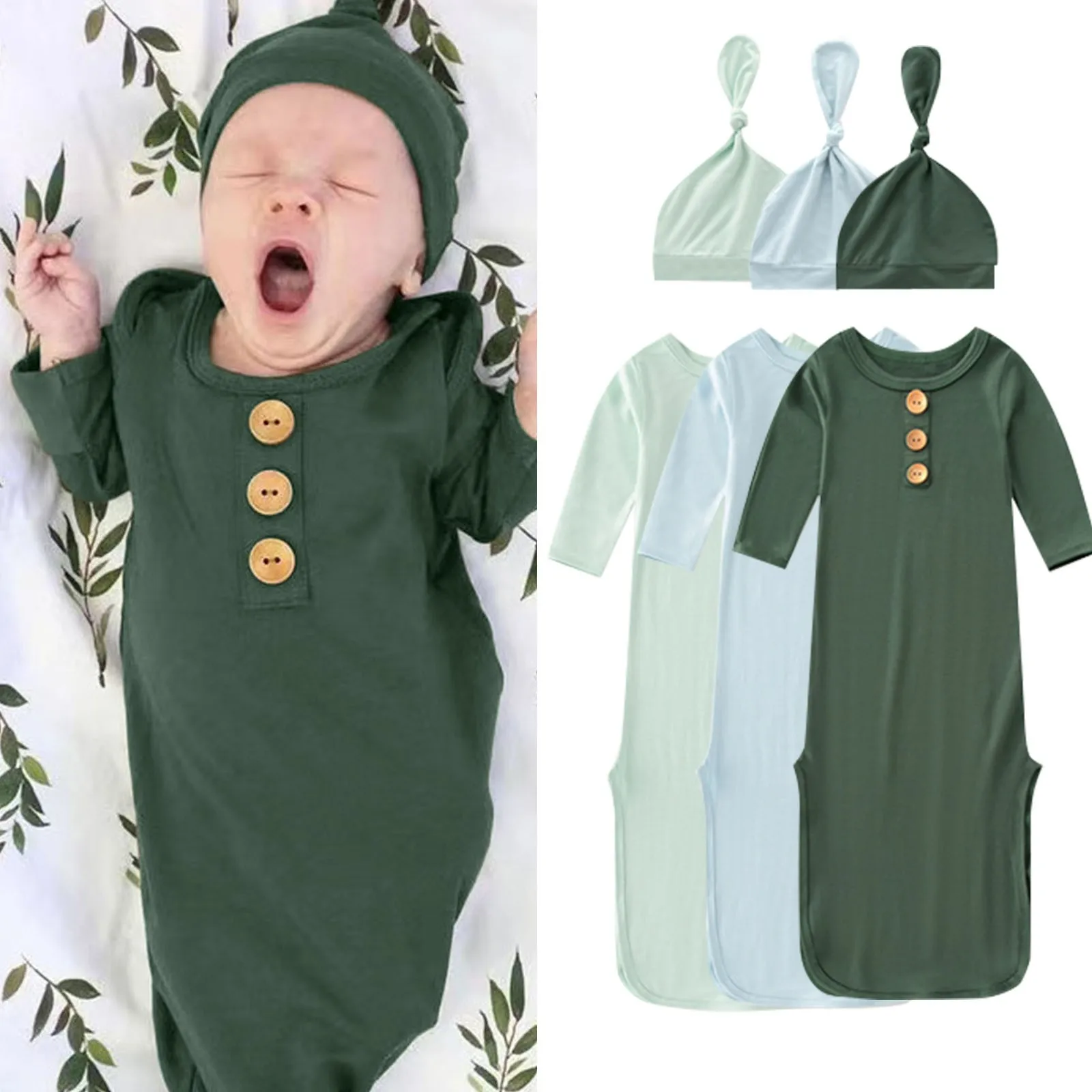 

Newborn Baby Bodysuit Boys Girl Hat Set Infant Baby Sleep Gown With Mittens Newborn Photo Props Apparel Outfits For 0-6M Baby