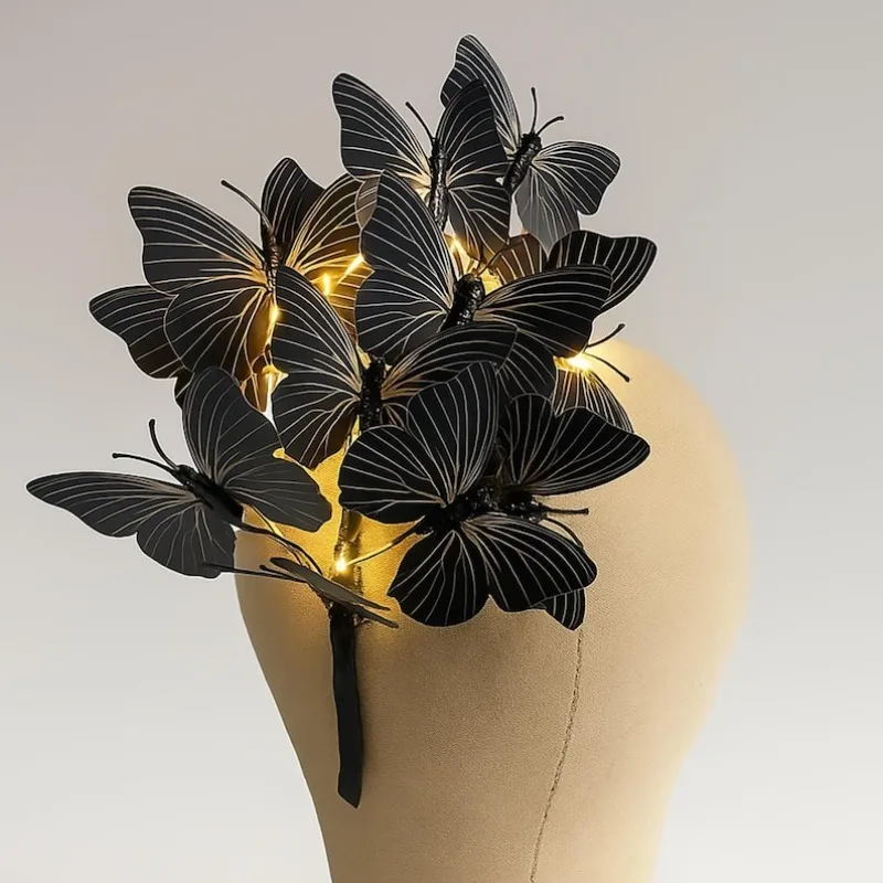 

Черная повязка на голову в виде бабочки в стиле готики — Корона со светодиодной подсветкой для свадьбы на Хэллоуин — пластиковый сказочный головной убор (питание от батареи)