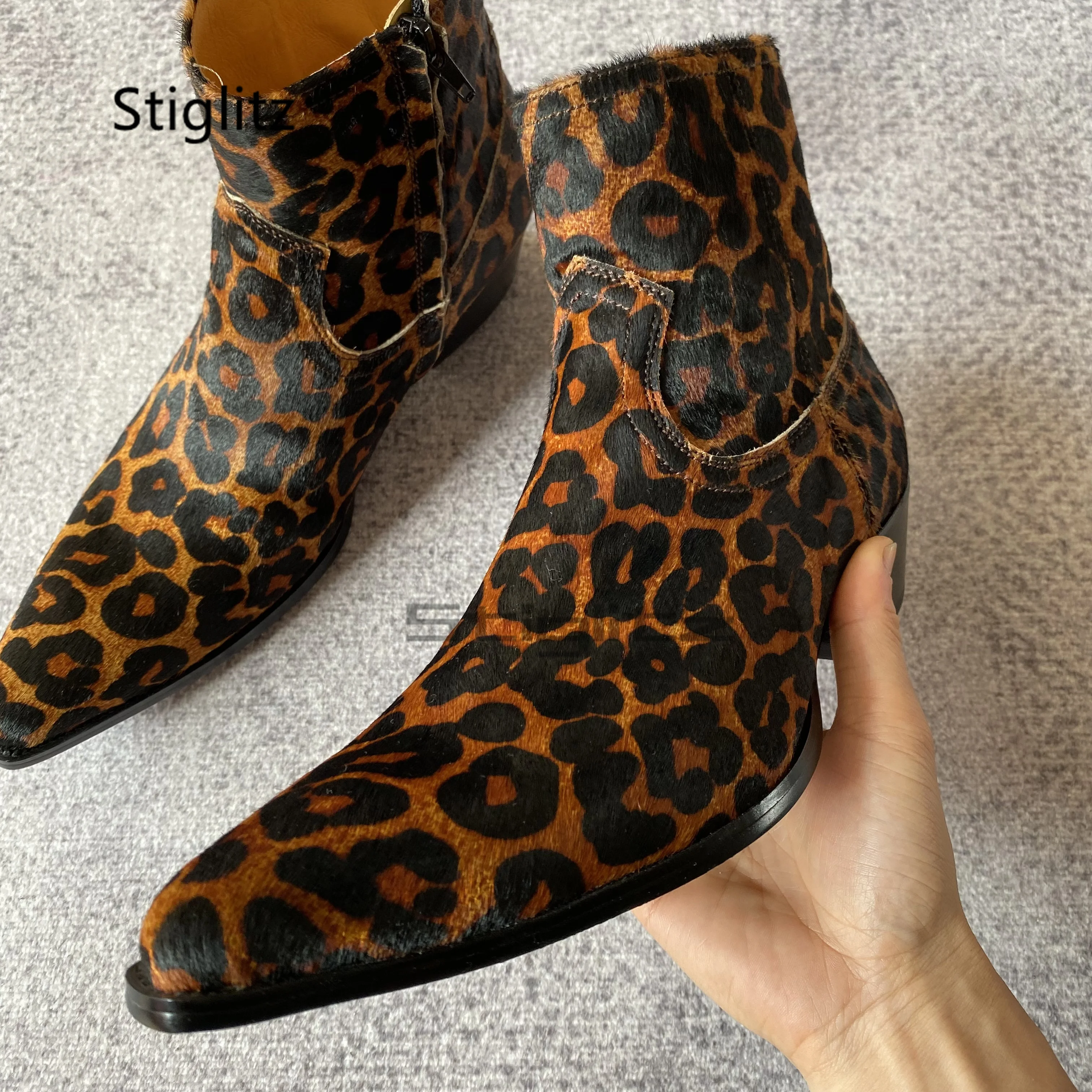 Men's Leopard-Print Horsehair Boots Pointed Toe Zipper High Top Ankle Boots Casual Runway Party Catwalk Shoes Autumn Winter New