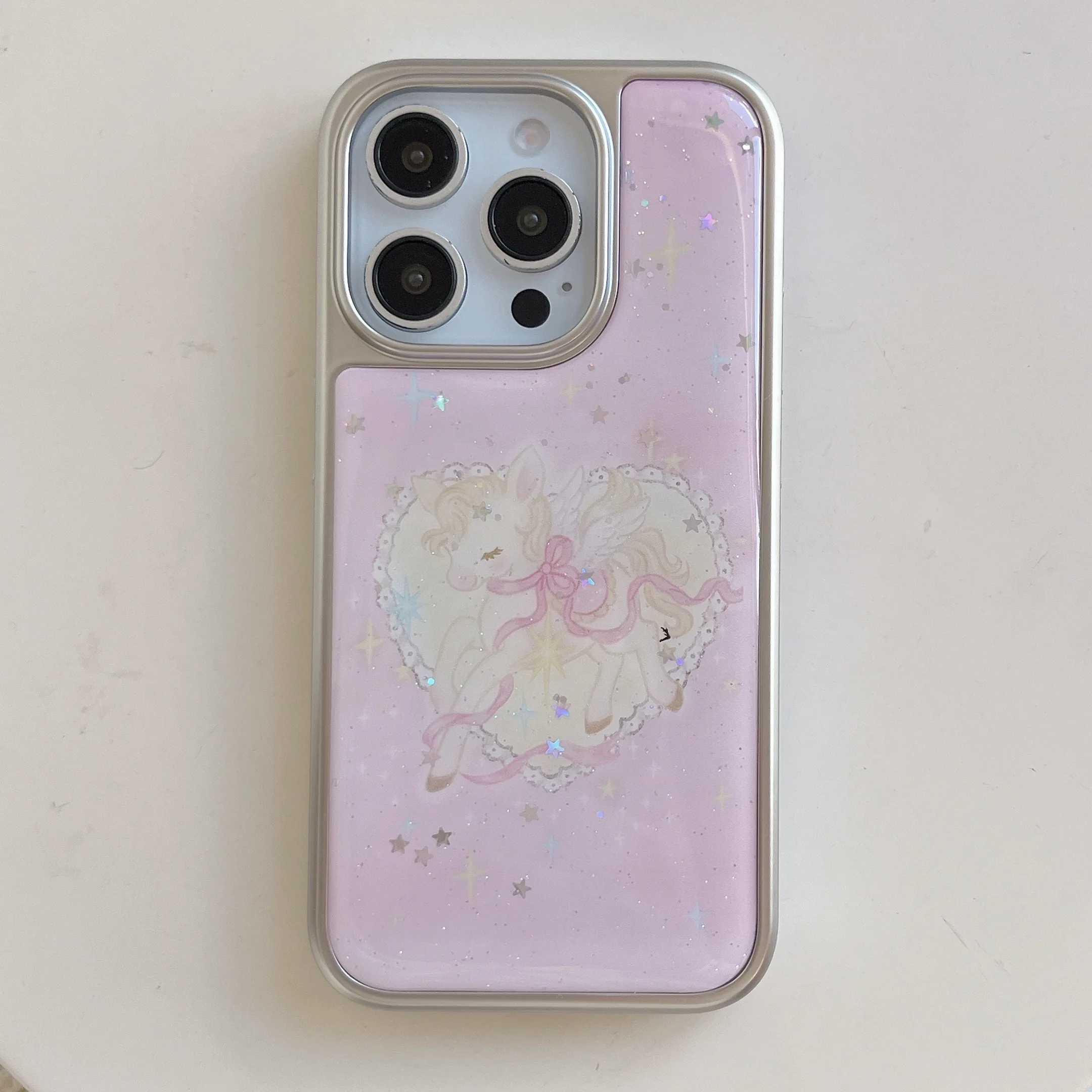 Dreamy Heart & Bow Unicorn Pink Glitter Electroplated Edge P