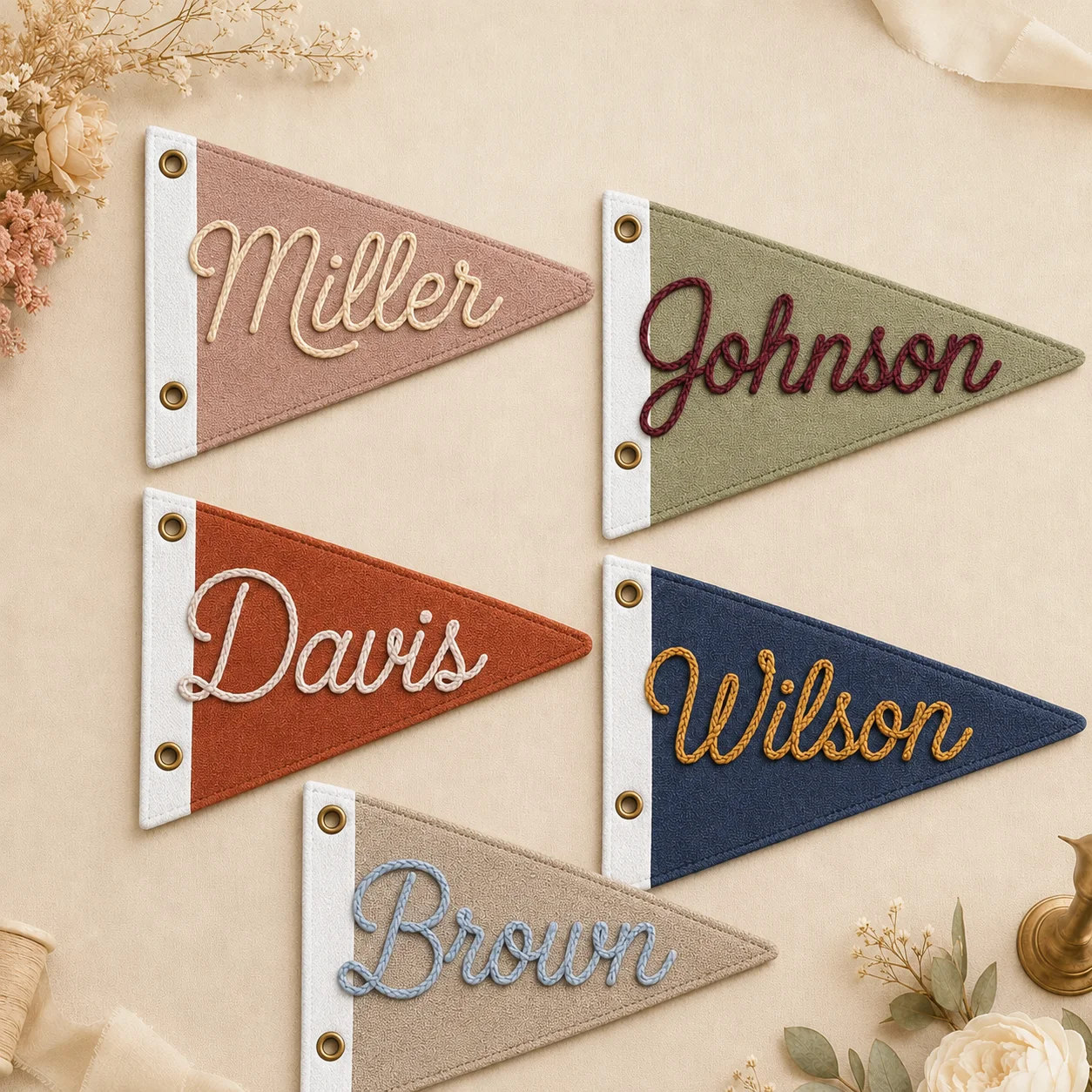 Custom Imitation Linen Rope Embroidered Pennant Flag Personalized Name Canvas Triangle Banner for Wedding Party Home Wall Decor