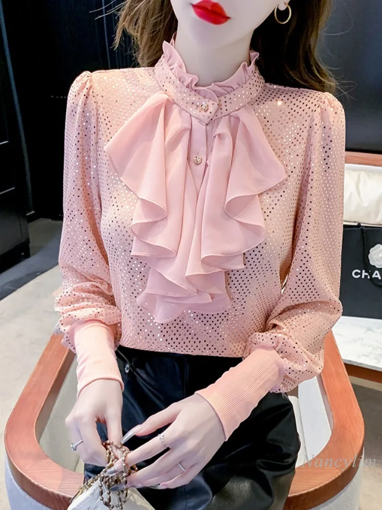 Ruffled Long Sleeve Chiffon Blouse Woman Spring and Autumn Clothing 2024 New Design Sense Niche French Sequined Beautiful Top