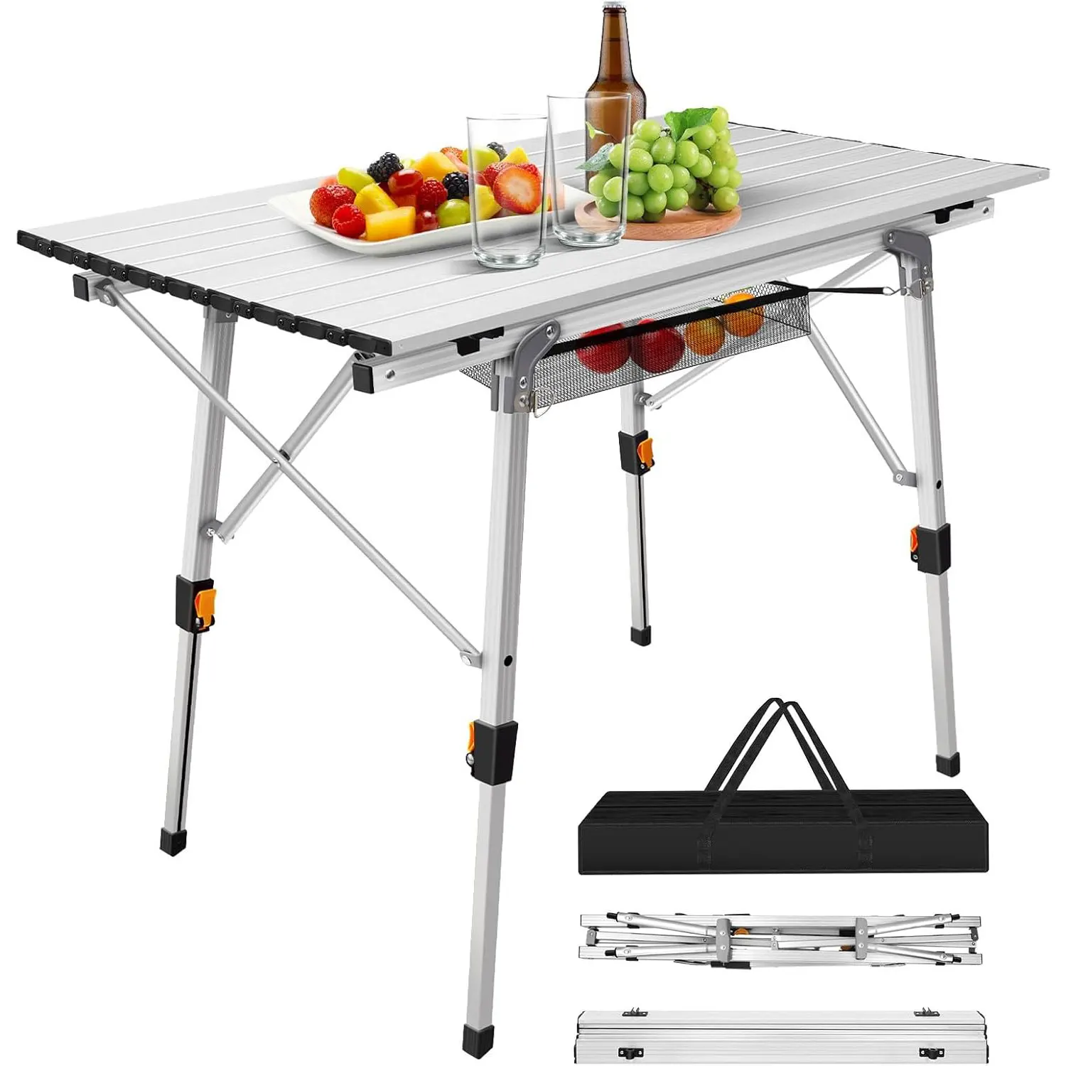 Outdoor Foldable Table, Folding Camping Table Foldable Aluminium Garden Picnic Table, Roll Up Table Top Steel Frame with Storage