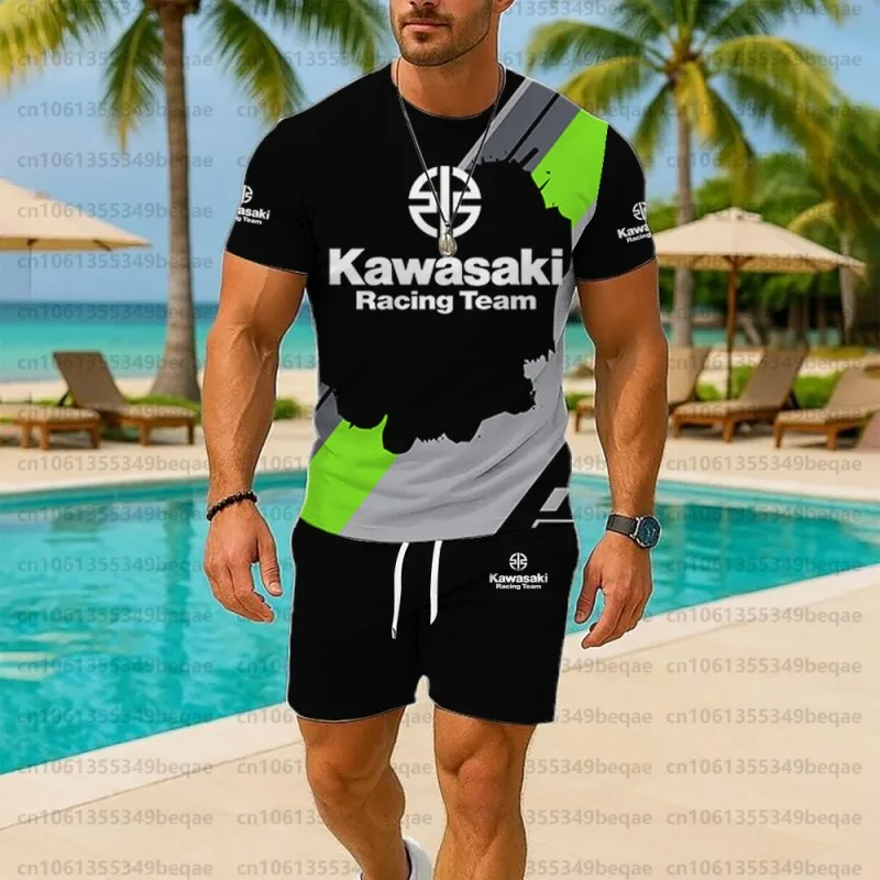 

2025 Men Short Sleeved Outdoor Fashion Kawasaki Rider Motorcycle Pattern T-shirt And Shorts Cool Two-piece Set Daily Hot Selling