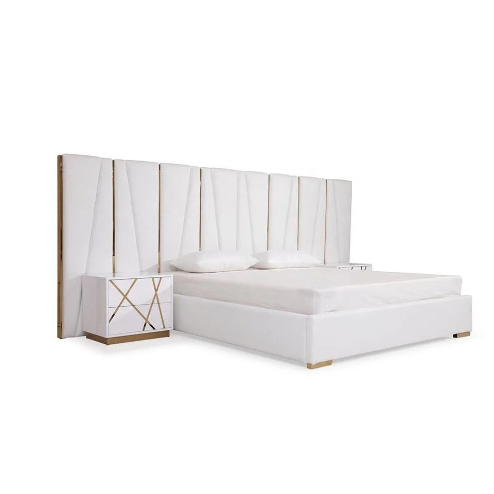 # Factory Wholesale Upholstered White Genuine Leather & Gold Stainless Steel Accents King Queen Size Bed Set
