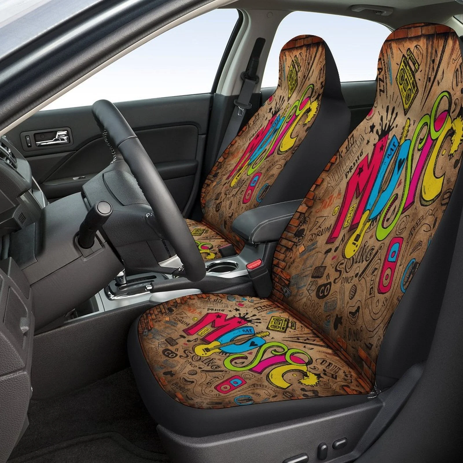 Set Of Car Seat Covers Featuring A Music Graffiti Wall Design, Suitable For Most Vehicles. These Trendy And Unique Decorative Co