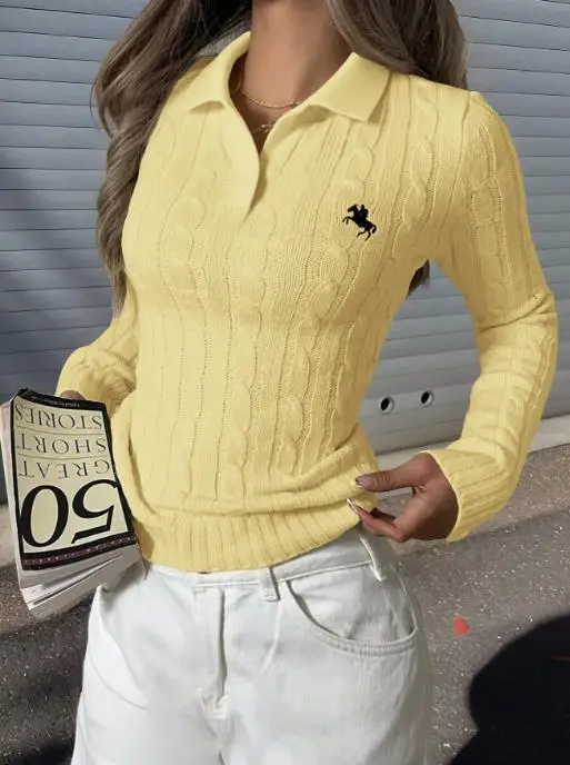 

Women's Sweater Autumn Winter 2025 Spicy Girl Long Sleeved Knitted Sweater Polo Collar Casual Retro New Embroidered Sweater