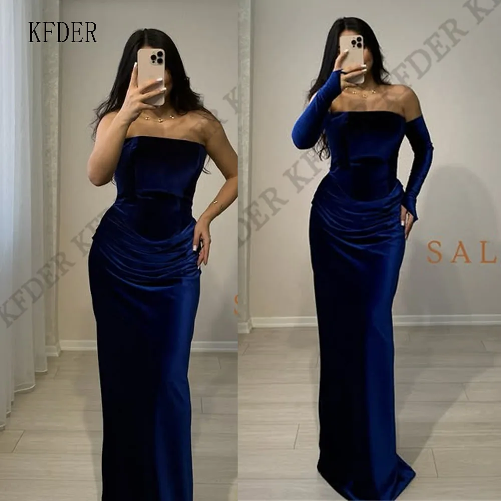 Royal Blue Velour Sheath Prom Dress Strapless Detachable Long Sleeves Evening Dress Long Formal Party Dress Customized