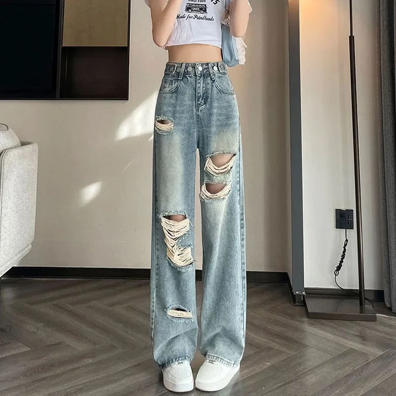 

Y2K High Waisted Casual Ripped Baggy Jeans for Women Streetwear Draped Straight Denim Pants Fashion All-match Wide Leg Trousers