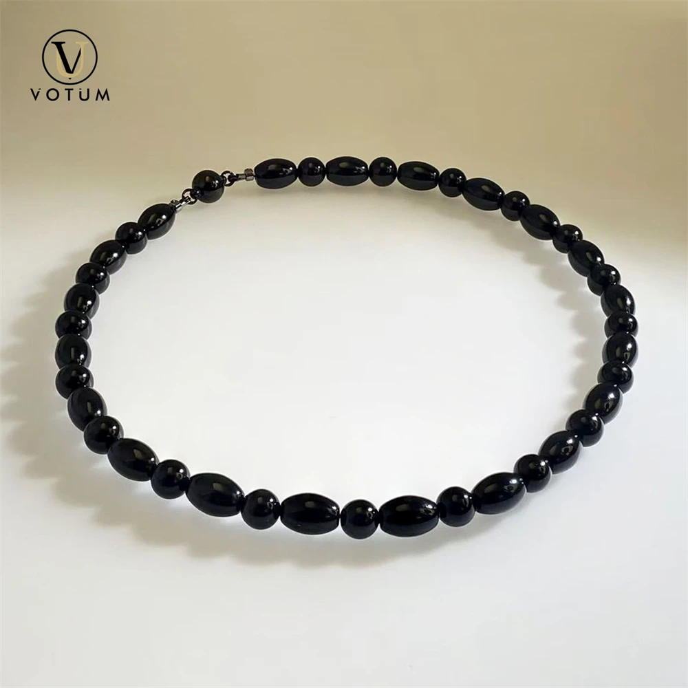Votum Natural All Black Agate Short Choker Necklace for Women Lady Men Chakra Healing Yoga Stone Beaded Neckalces Gift Jewelry