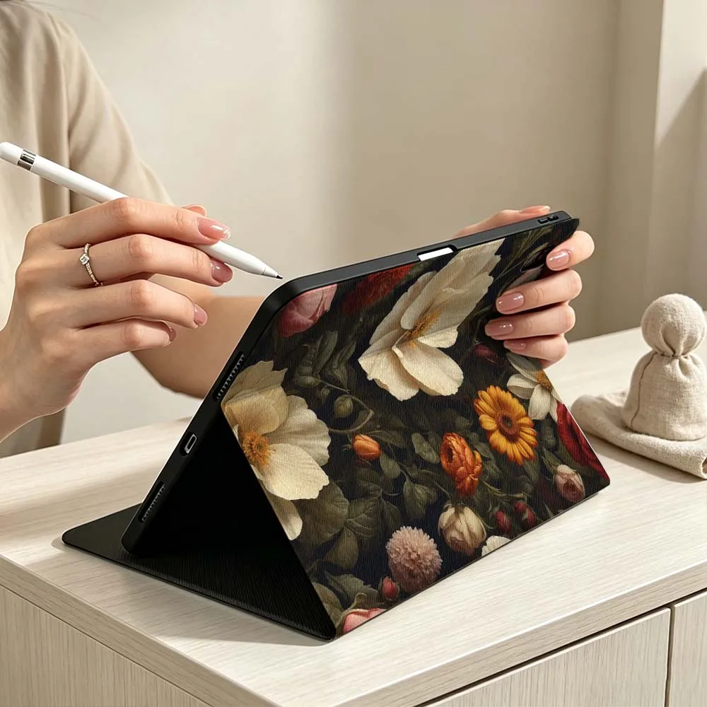 Red White Rose Pattern For iPad Pro Air mini 7 6 5 4 3 2 1 M5 M4 M3 11th 10th A17 Pro A16 A14 Soft Pen Tray Tablet Case