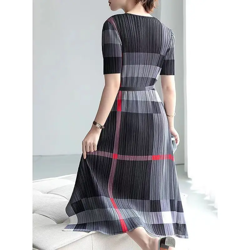 Pleated Elastic Loose Fit Dress, Contrast Color, Summer