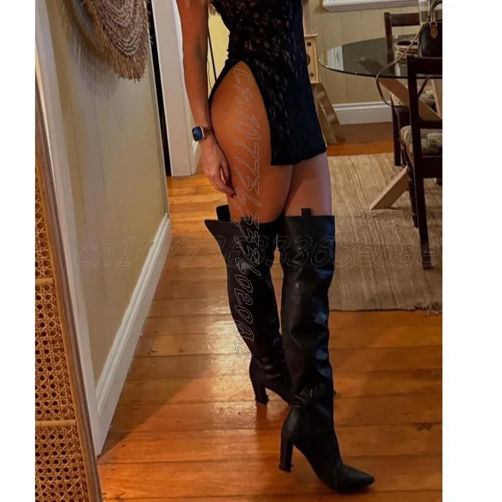 

Matte Black Chunky Heel Boot Sexy Back Zipper Calf Length Women's Boot Fashion Large Covering Footwear 2025 Zapatos Para Mujere