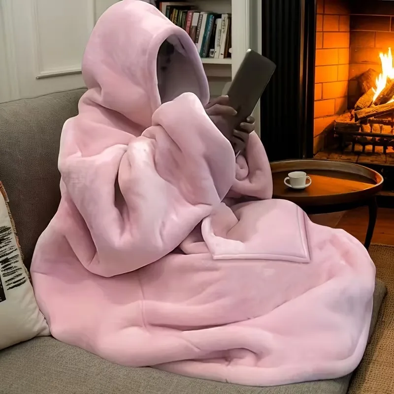 بطانية مريحة بغطاء للرأس من الصوف قابلة للعكس مع جيب الكنغر، رمي مخملي ناعم يمكن ارتداؤه، بوليستر محبوك، طراز معاصر #2