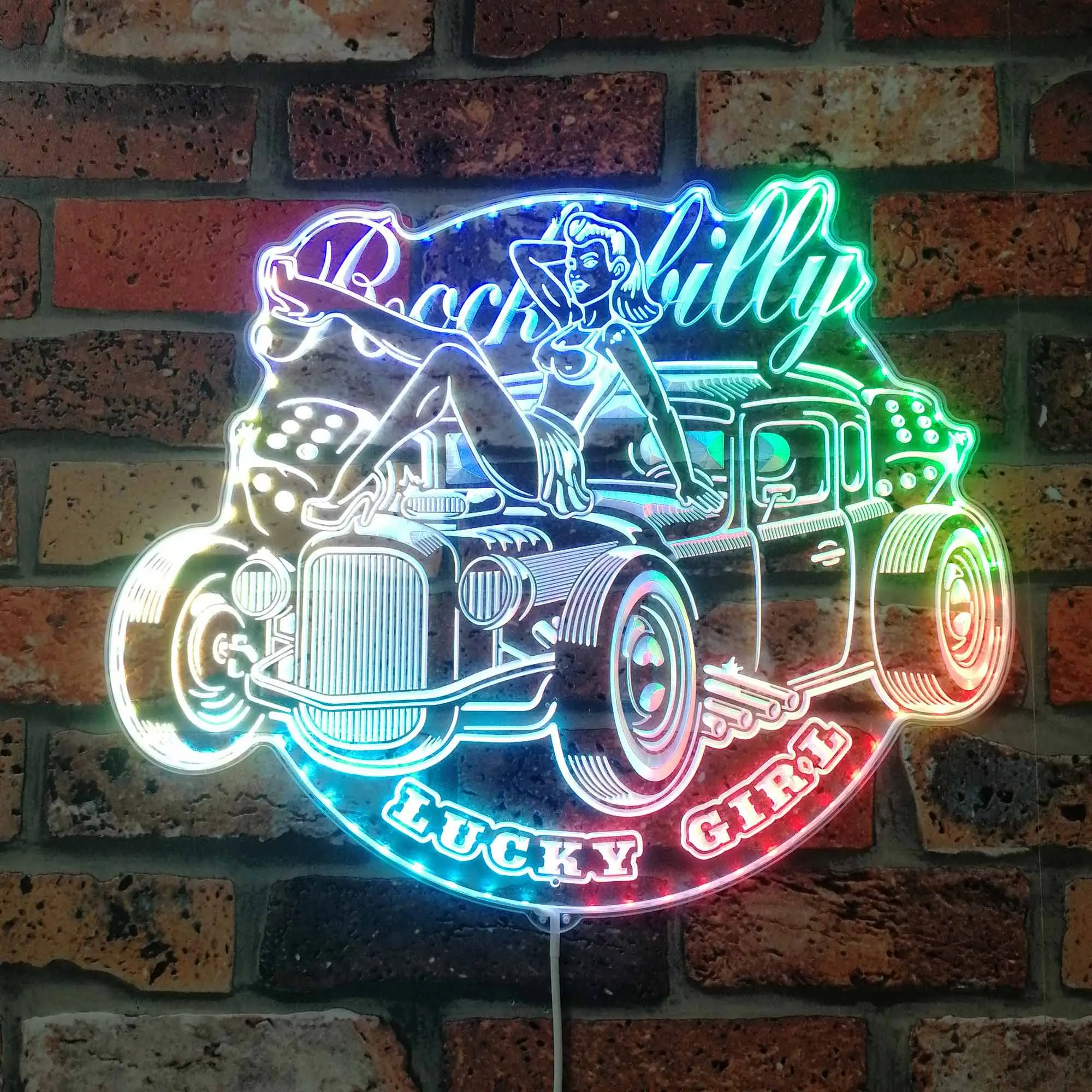 Rockabilly Lucky Girl Vintage Car RGB Dynamic Glam LED Sign st06-fnd-i0326