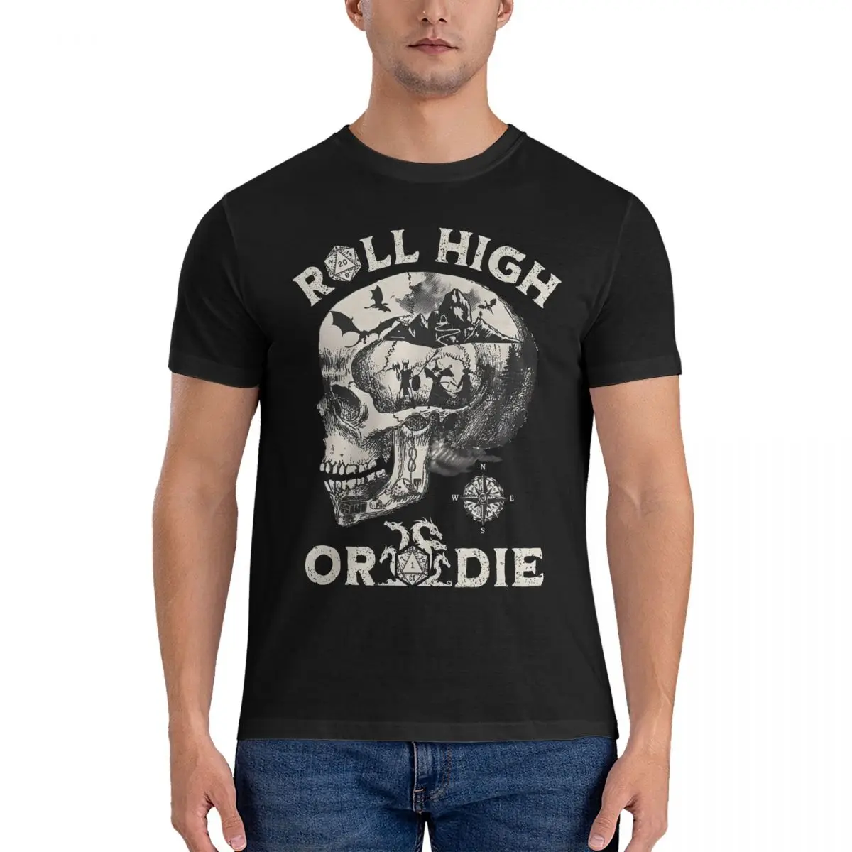 Roll High Or Die. Men's T Shirt D-Dungeons And Dragons Casual Tee Shirt Short Sleeve Crew Neck T-Shirts Pure Cotton Adult