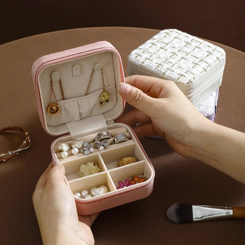 Double Layer Jewelry Packing Bag Flower Buckle PU Leather Earring Storage Case Square Necklaces Bracelets Jewelry Display Holder