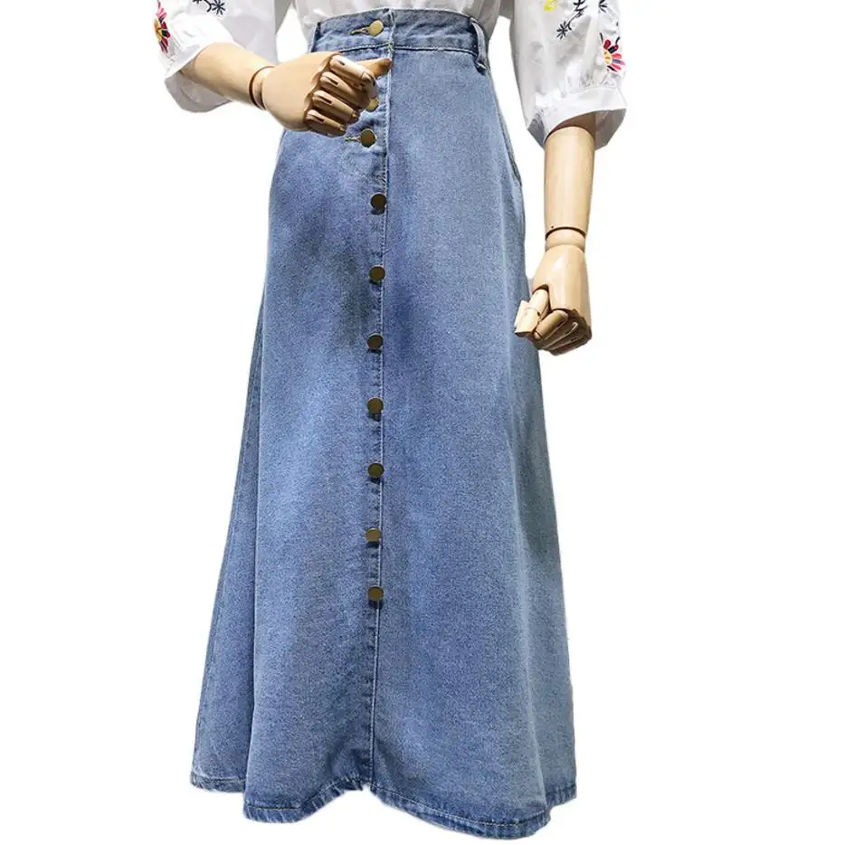 spring autumn preppy style Long Skirt Women single breasted Denim Skirt  A-Line High Waist