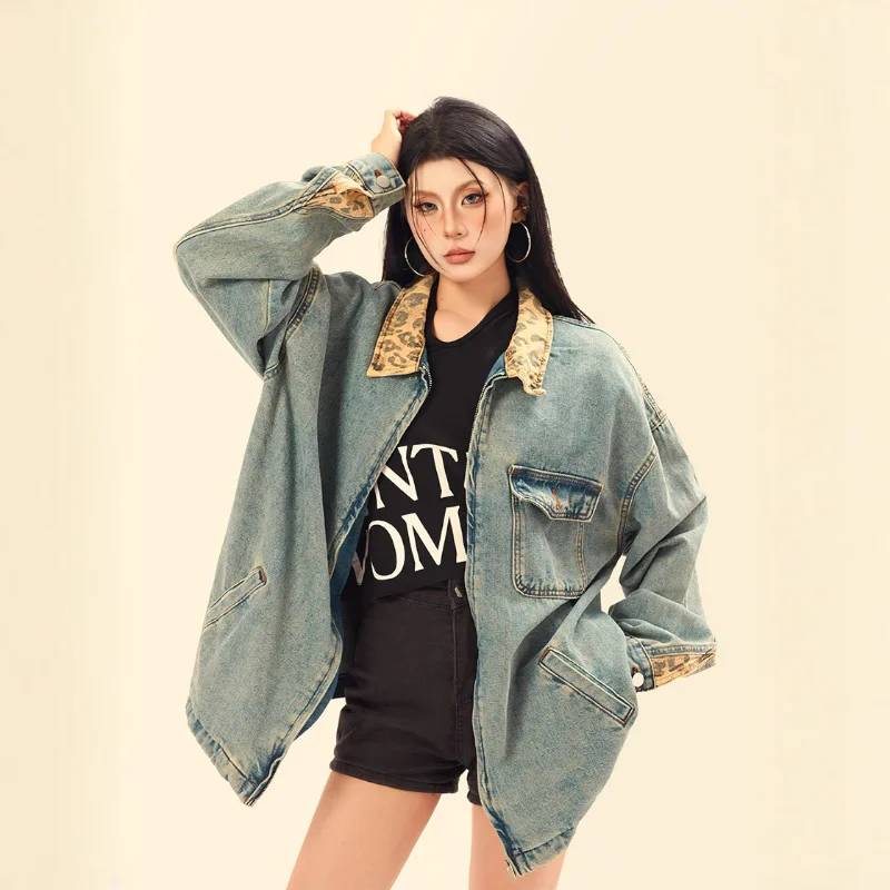 

American Retro Denim Coats Couples Leopard Pattern Stitching Spring Women Autumn Tide Brand Loose Niche Casual Jacket Men Tops