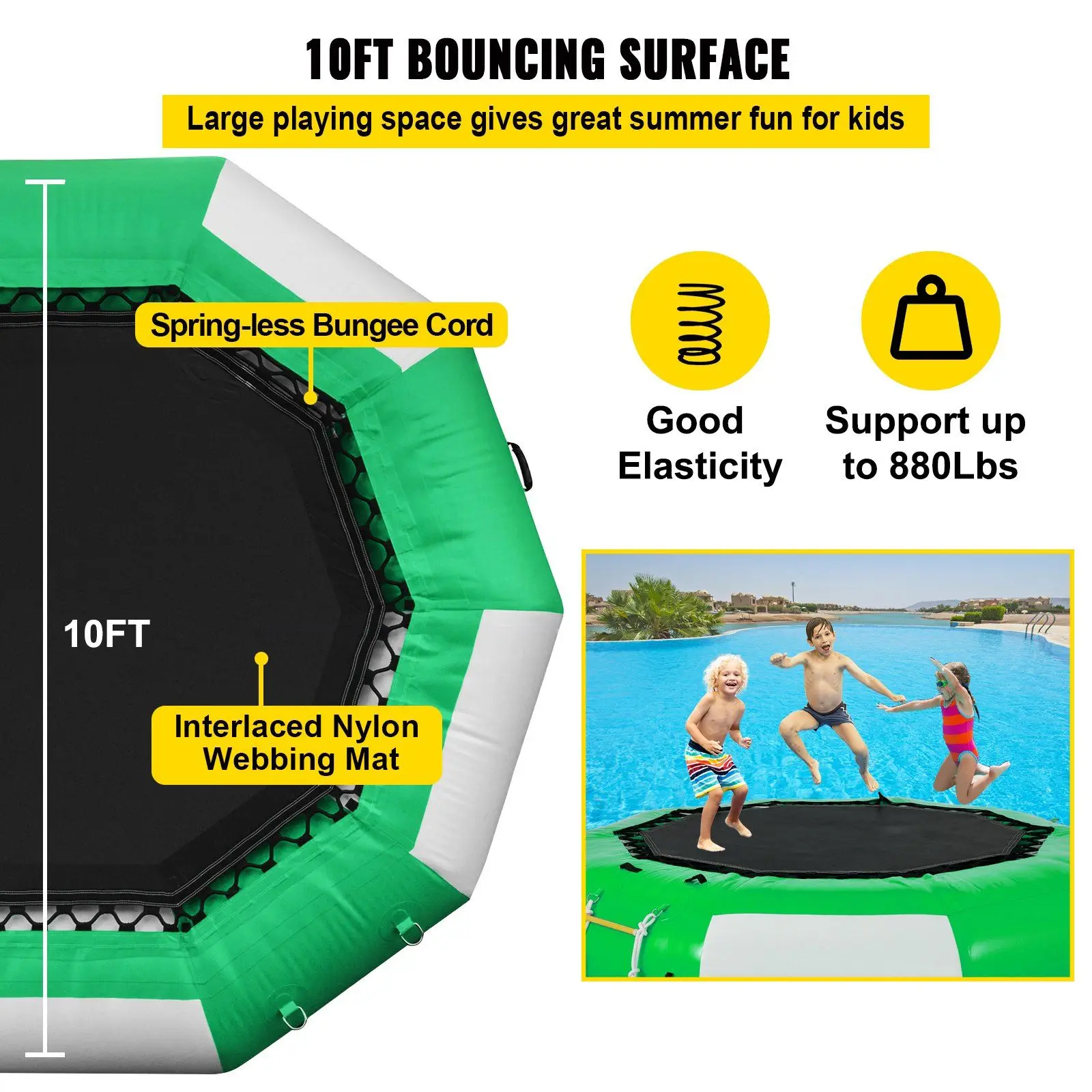 Trampolín acuático inflable de 10 pies, trampolín acuático en verde y blanco para deportes acuáticos.