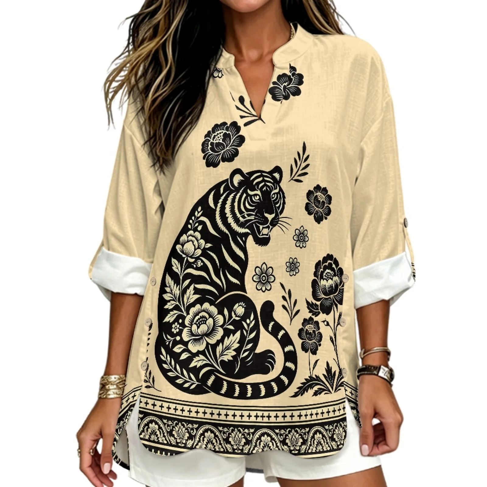 PENSTROLL Tiger Floral Print Linen Style V Neck Tops for Vacation Roll Up Design Long Sleeve Tops Casual Loose Fit Blouses