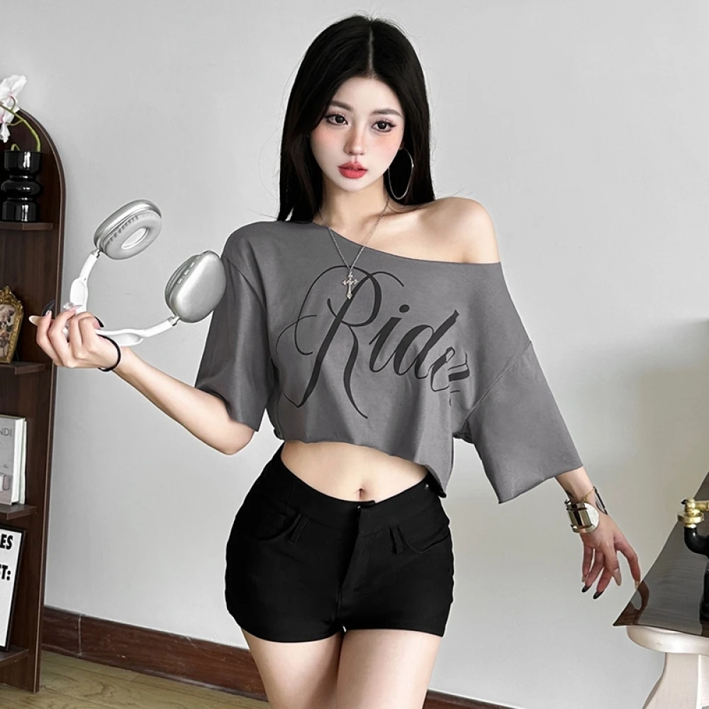SylCue Letter Print Oversized T-shirt Women Skew Collar Short Sleeves Off Shoulders Irregular Hem Hip-hop Style Trend Crop Tops image 5