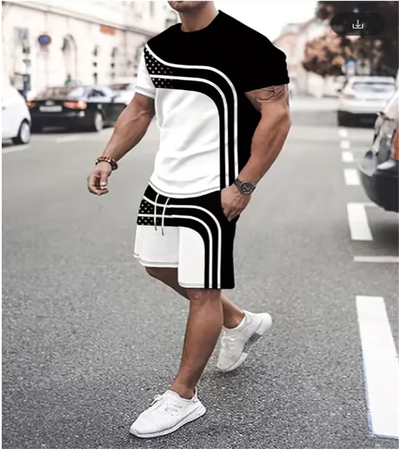Novo design de moda camiseta masculina esportes com cordão shorts simples impresso masculino 2 peças verão conjunto respirável