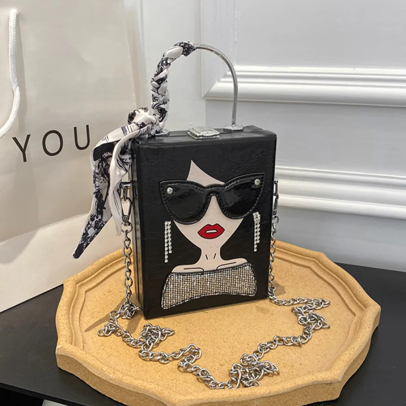 Fashion Splice Box Handbags for Women 2023 New Leather Square Bag High Quality Luxury Hip Hop Party Diamonds Shoulder Bag Woman