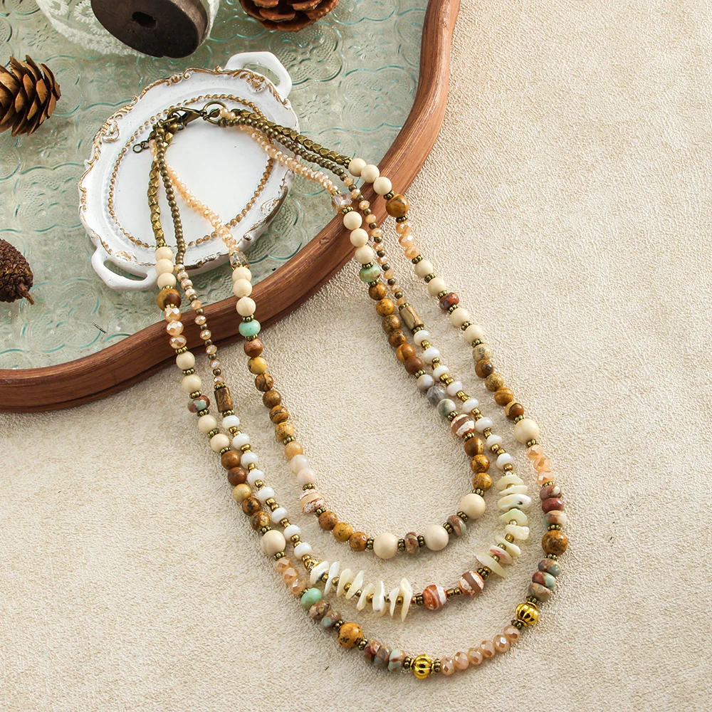 

New Vintage Bohemian Handmade Bead Multicolor Natural Stone Glass Shell 3 Layer Necklace Ethnic Style Women's Necklace Jewelry