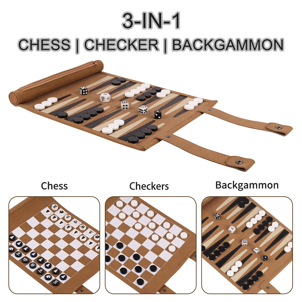 PU Leather Board Game Set 3-in-1 Roll-Up Backgammon Chess Checkers Portable Travel Game with Storage Bag