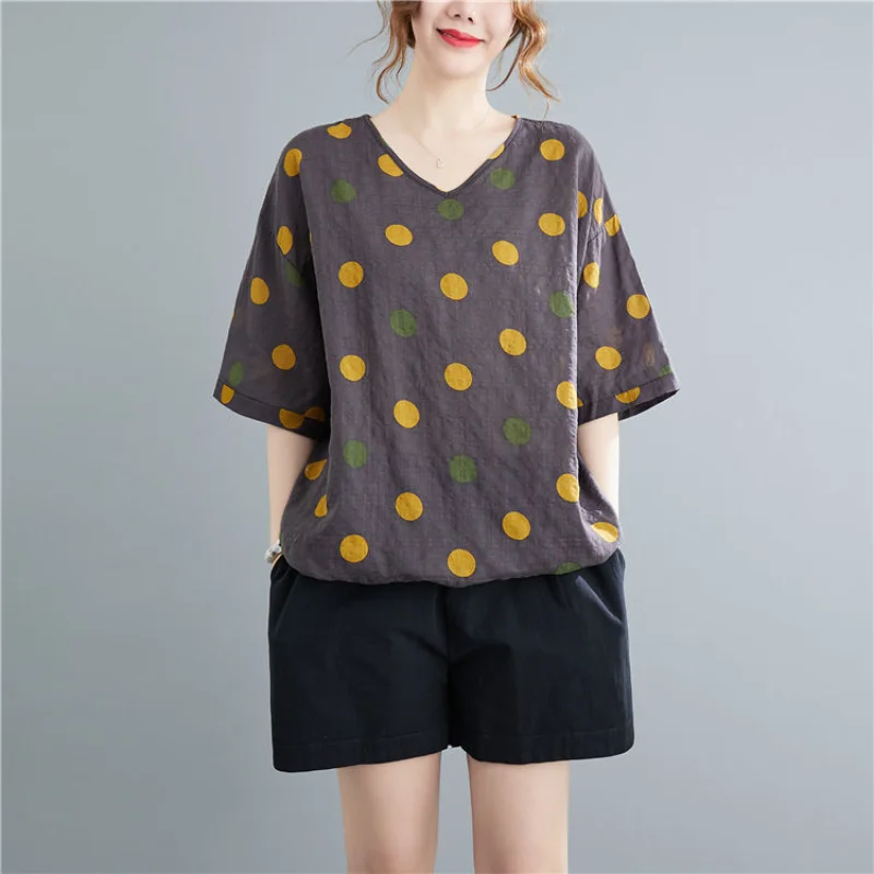 

2023 Summer Loose Oversized Cotton Flax Casual Korean Version Fashion Dot Printed Short Sleeve V-Neck Vintage Simplicity T-shirt