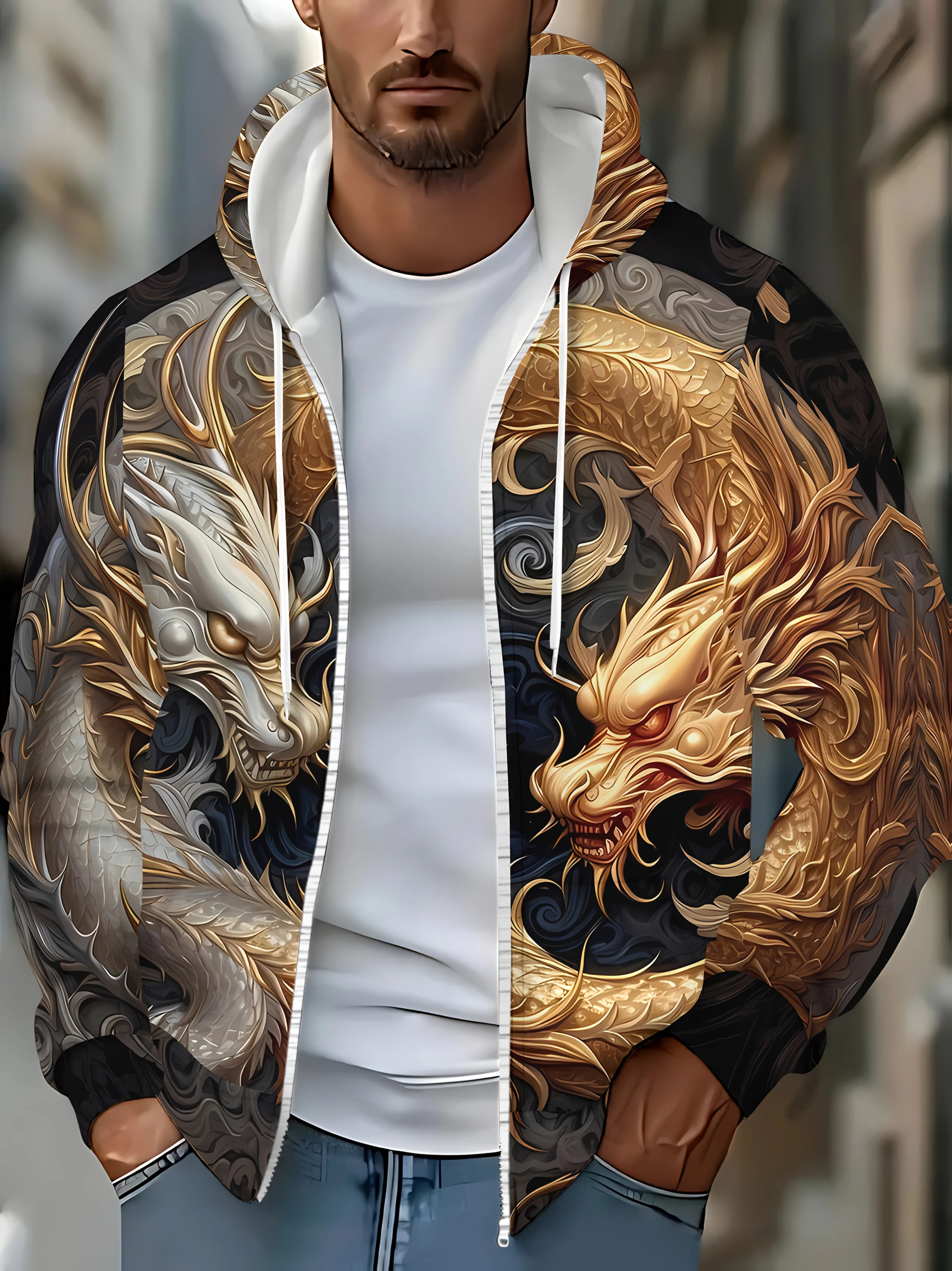 Moletom masculino com zíper de manga comprida com estampa de dragão dourado e nuvem branca, jaqueta casual outono inverno ao ar livre, cordão e bolso