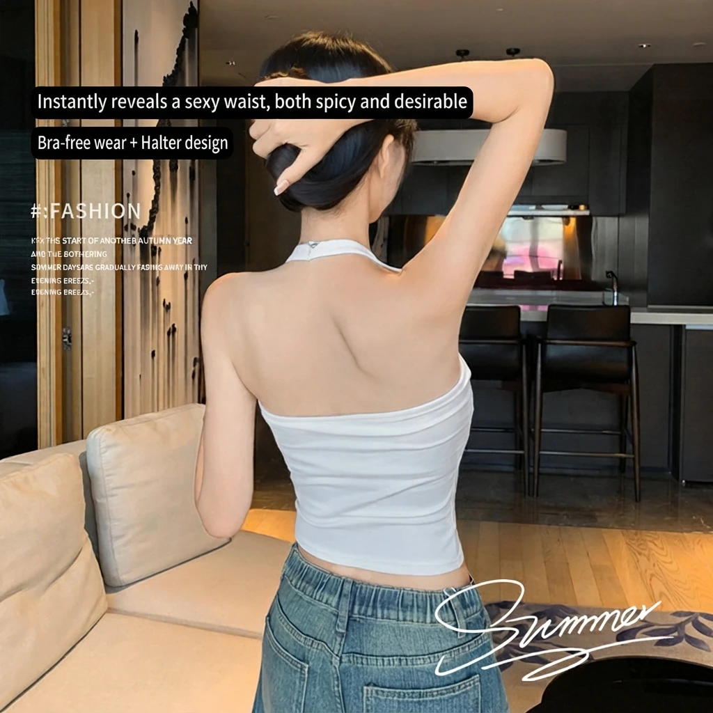 Women U Neck Backless Tank Top with Chest Pad Viscose Slim Fit 3D Effect Off Shoulder Sexy Camisole Vest