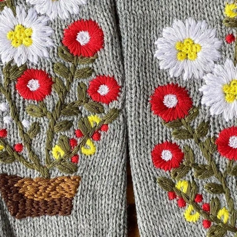 49MD Knitted Mittens Fingerless Wrist Length Warm Gloves Hand Arm Warmer Half Finger Gloves Stretchy Floral Embroidery Gloves