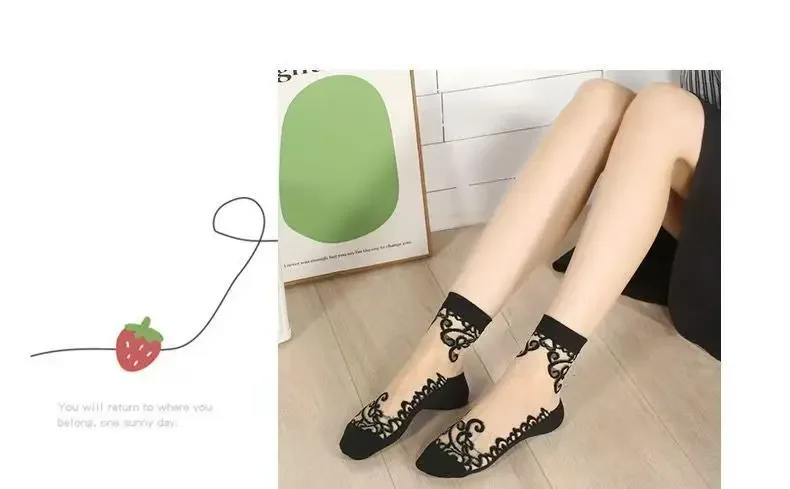 5 Paar Damen-Socken mit Spitze, mittellang, mit Kristallen, Retro-Blumenmuster, für den Sommer, leicht, verschleißfest, atmungsaktiv, Freizeitsocken – Detail 2