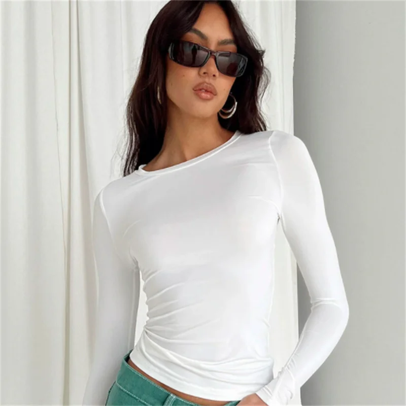 

Spring Autumn Solid Color Slim Fit Pullover Women's Long Sleeved T-Shirt Women's Basic O-Neck T-Shirt Y2k Clothes Street Wear