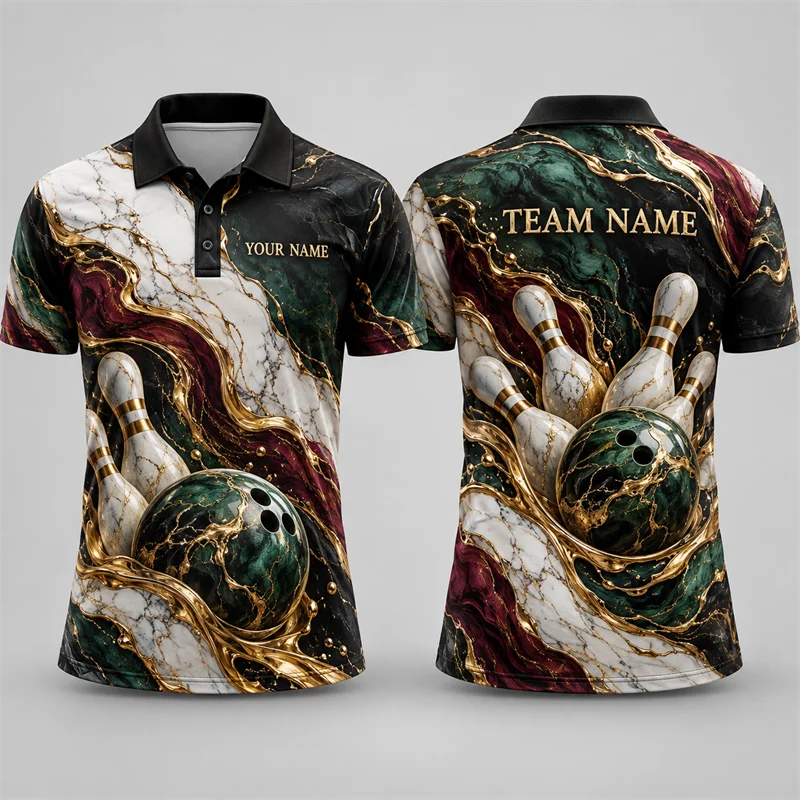 Personalized Bowling Polo Shirt Custom Name Team Name Vintage Art Print Short Sleeve Jersey League Tournament Sports Uniform Top